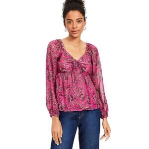 Loft Pink Shimmer Stripe Floral Smocked Blouse